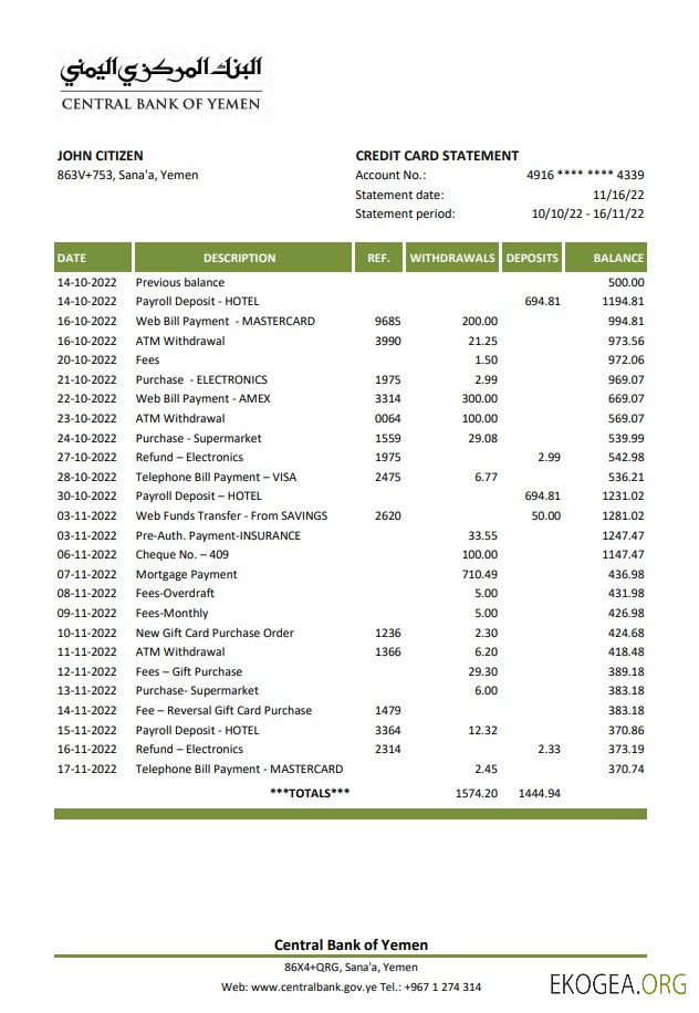 Relevé bancaire de la Banque centrale du Yémen